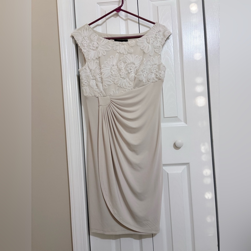 Connected  Ivory Lace Bodice Draped Sheath Dress, size 8P